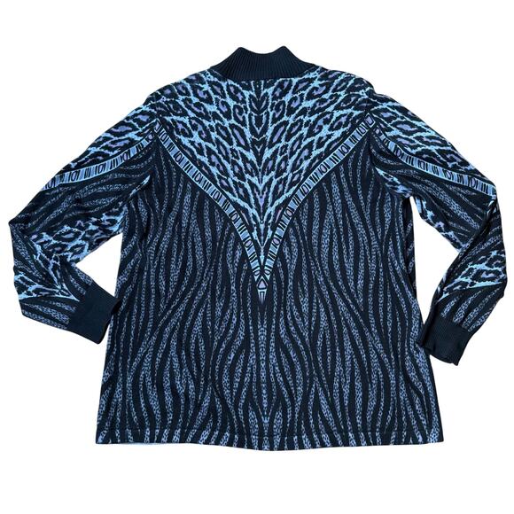 Bob Mackie Wearable Art Cardigan SZ L Zip Mock Neck Black Purple Animal Wild - Picture 2 of 6